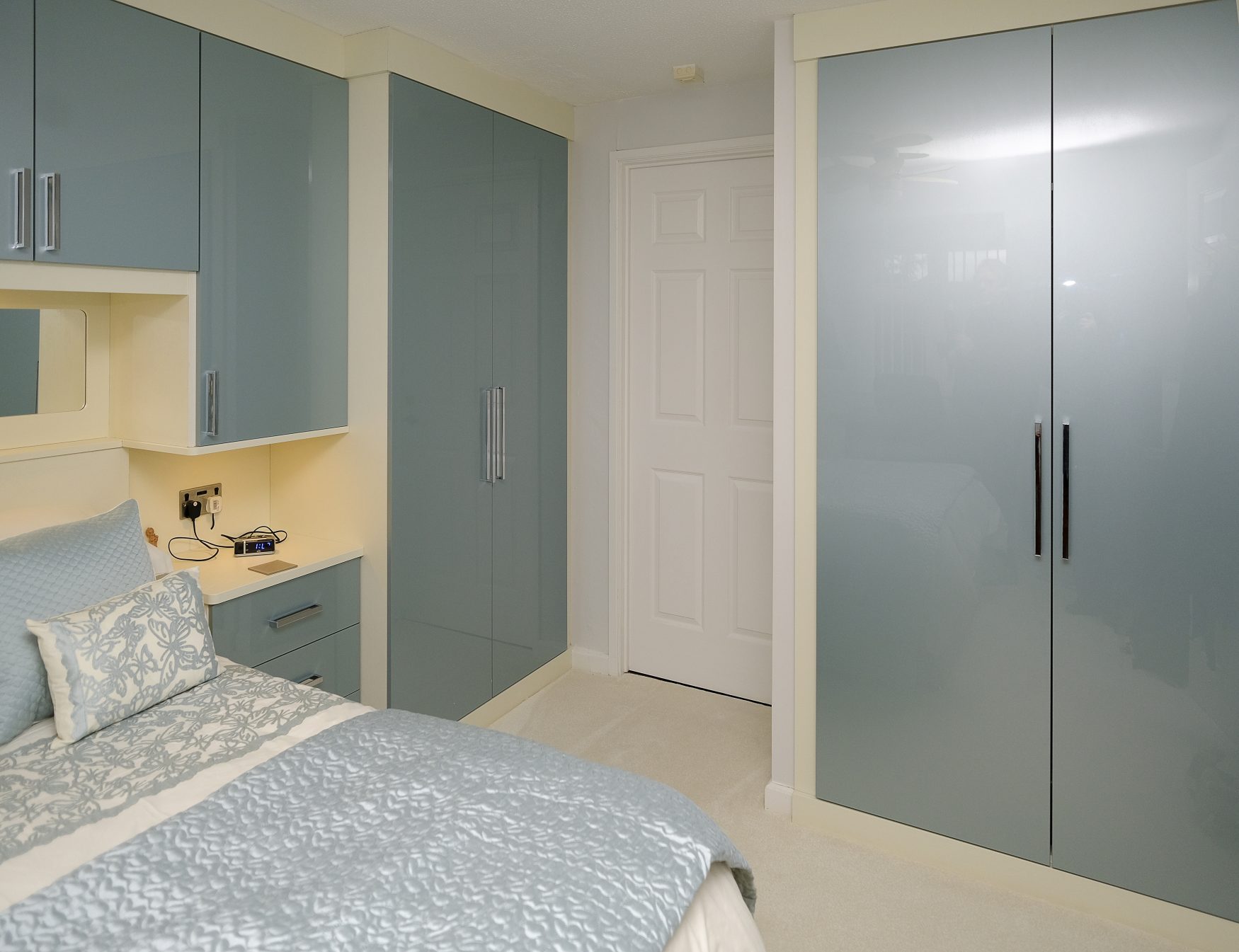 Blue Metallic Acrylic Doors with Invory Painted Oak Surround