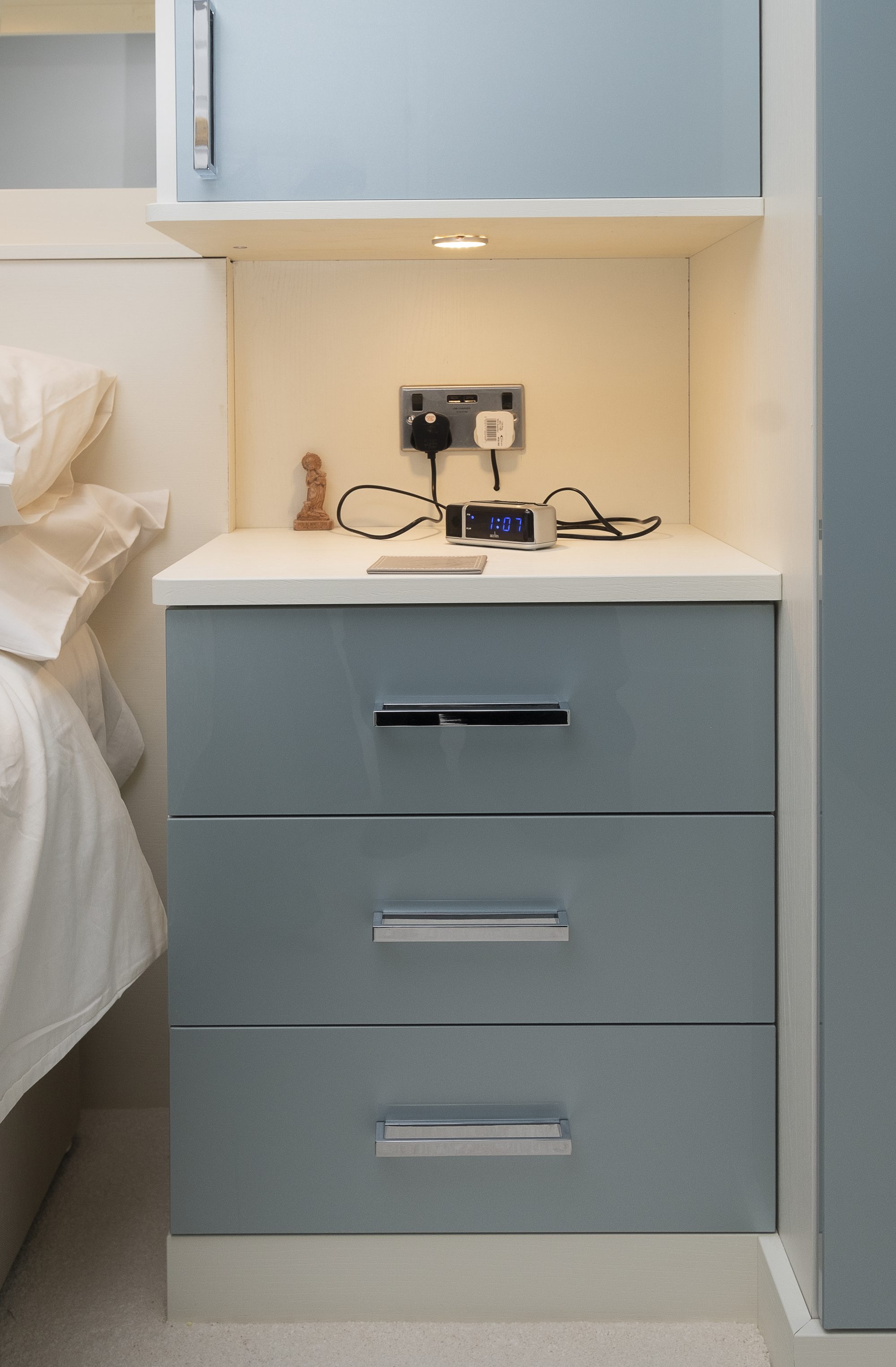 Blue Metallic Acrylic Doors with Invory Painted Oak Surround