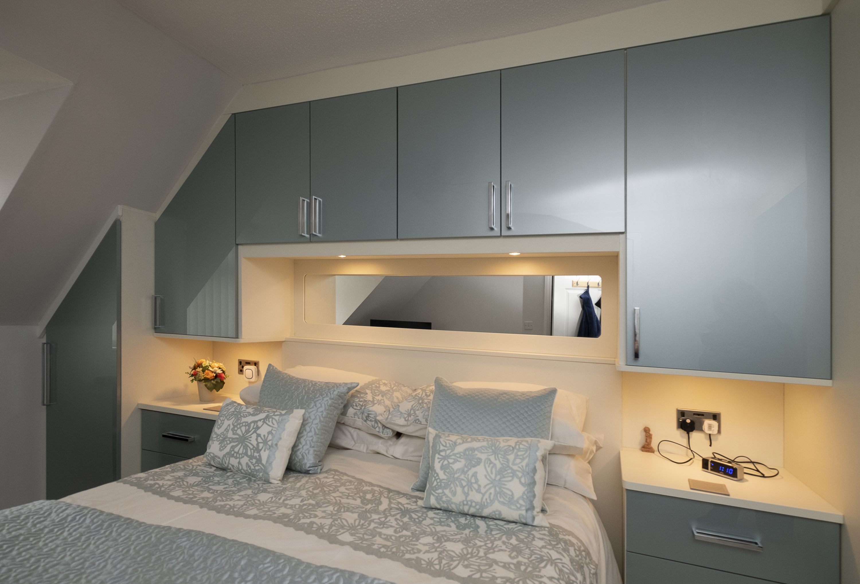Blue Metallic Acrylic Doors with Invory Painted Oak Surround